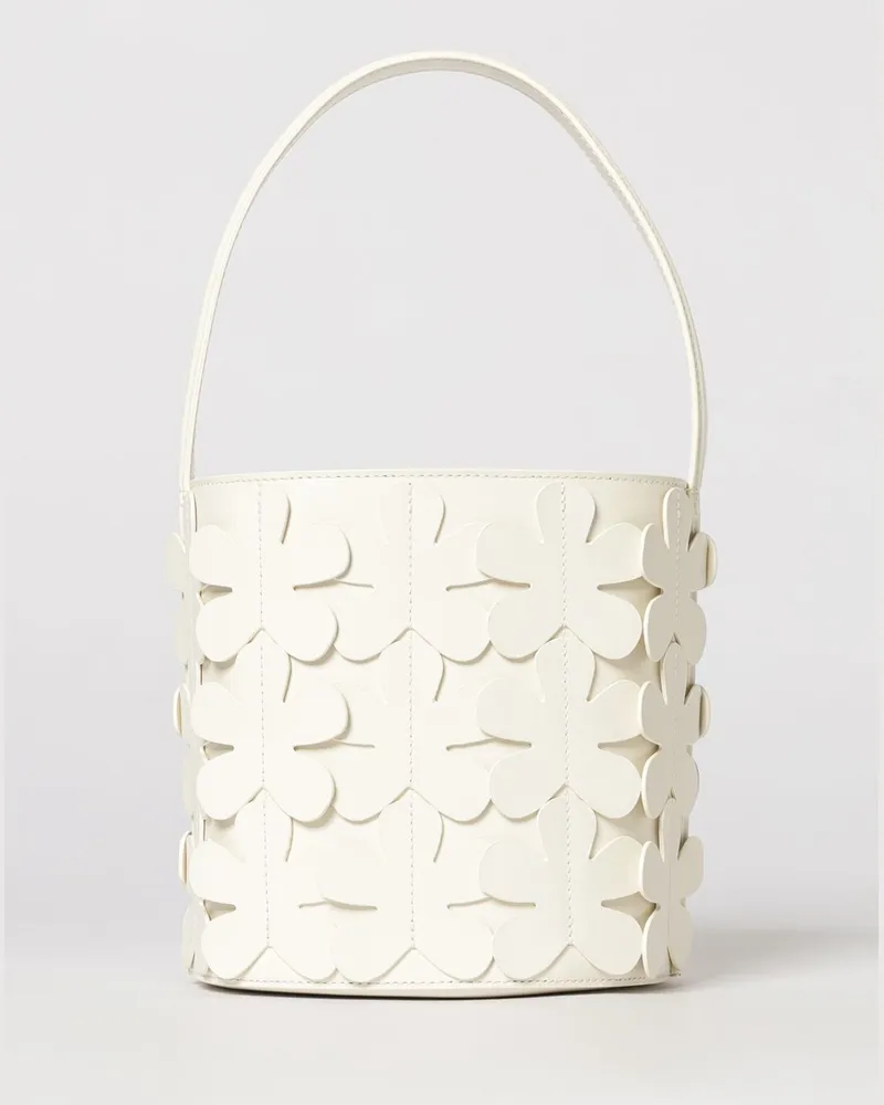 MEIMEIJ Bucket-Bag aus Glattleder von mit Blumenapplikation und Kordelzug Weiß