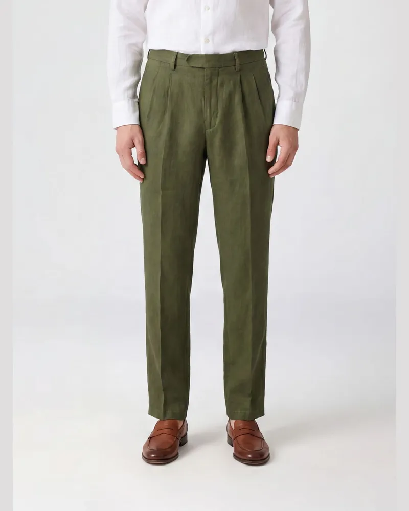 Boglioli Maßgeschneiderte Slim-Fit-Leinenhose mit dezentralem Verschluss Kaki