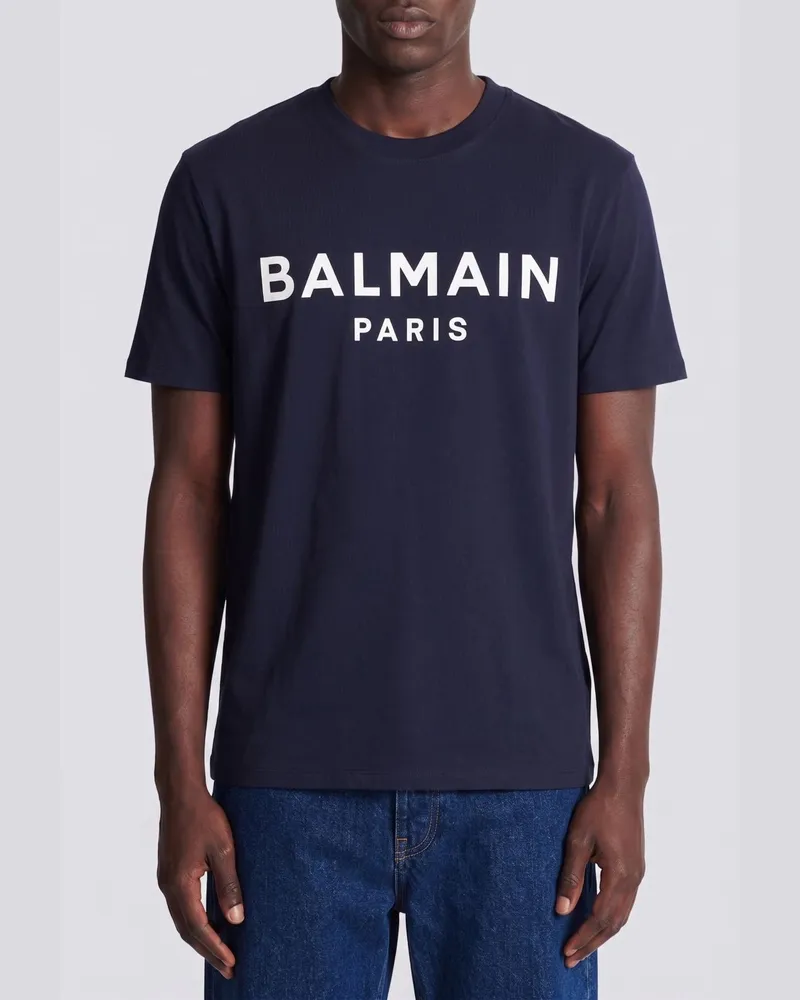 Balmain Rundhals-T-Shirt aus Baumwolle mit Logo Blau