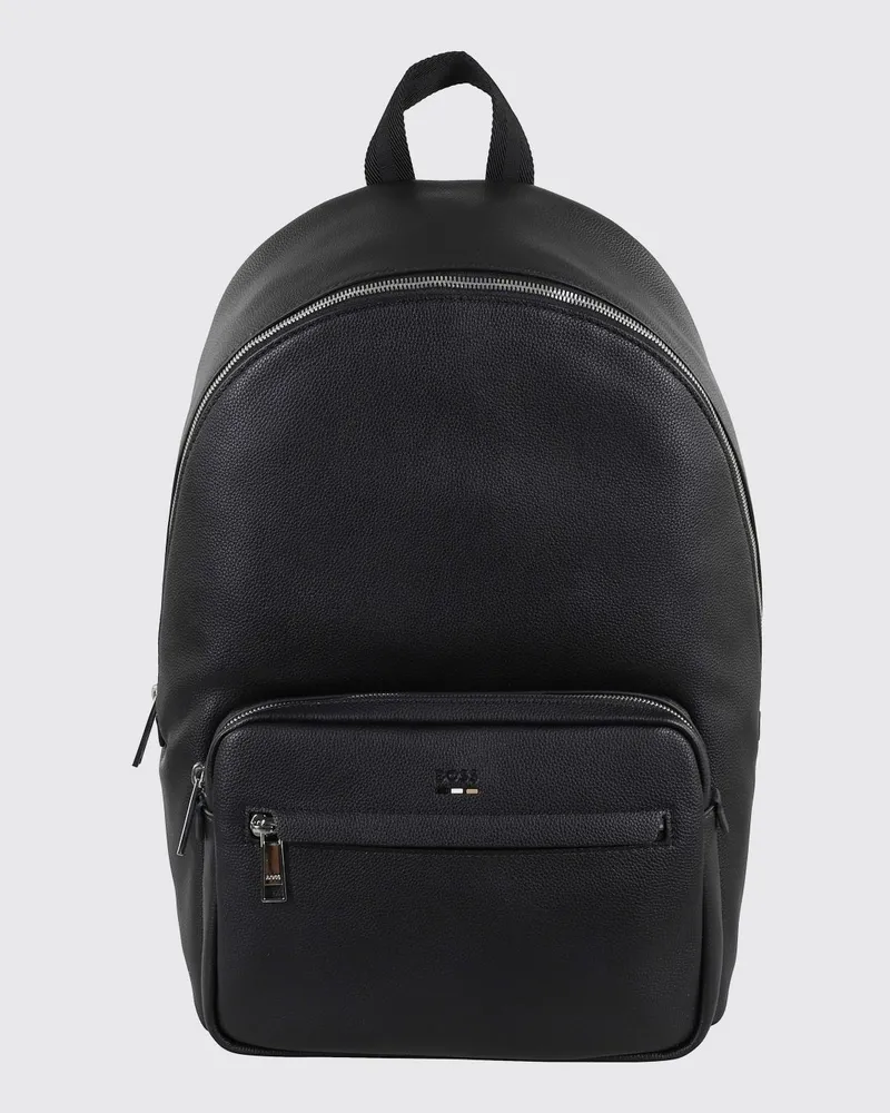 HUGO BOSS Ray Rucksack aus genarbtem Leder mit aufgesetzter Außentasche und geprägtem Logo Schwarz