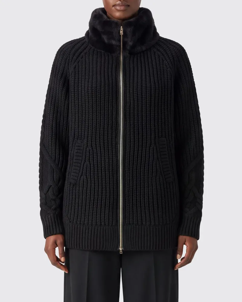 Herno Cardigan aus Merinowolle mit Kunstpelzkragen Schwarz