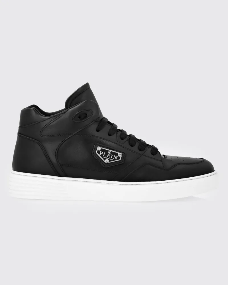 Philipp Plein Hohe Schnür-Sneakers aus Glattleder mit perforierter Spitze Schwarz