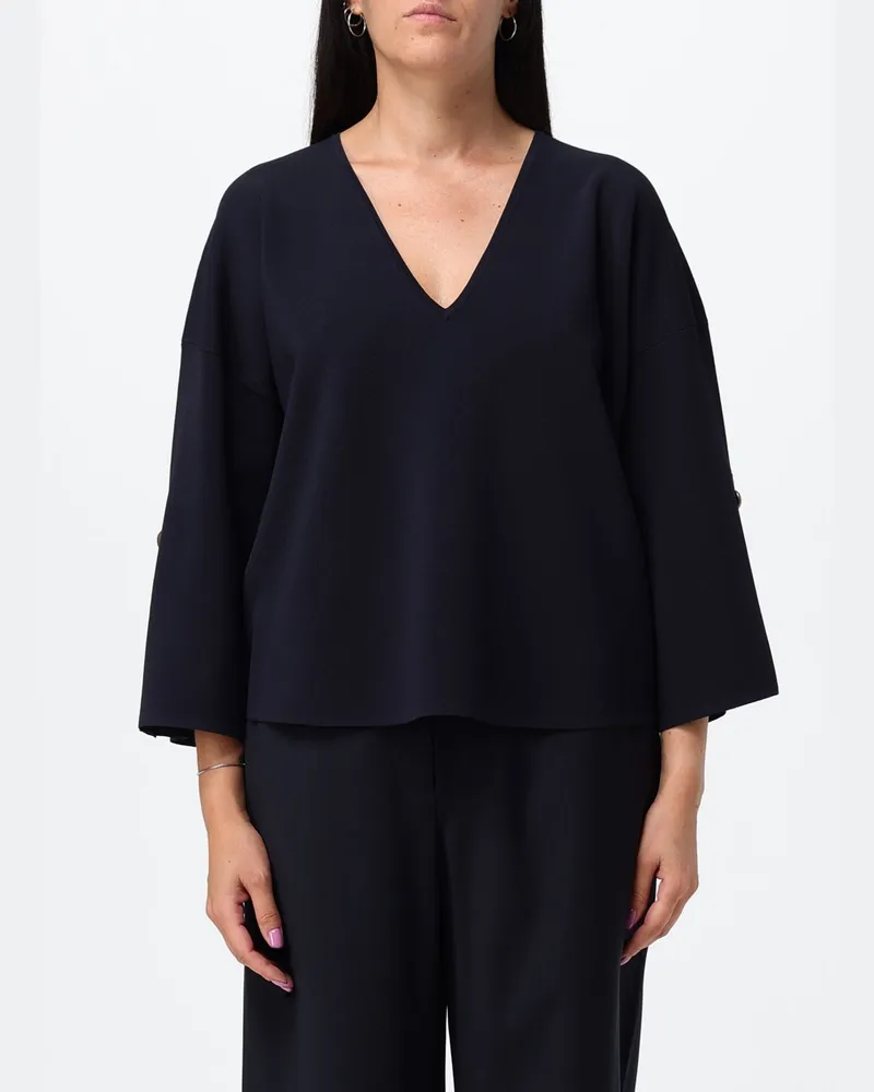 Max Mara Cropped-Bluse mit langen Ärmeln, V-Ausschnitt und überschnittenen Schultern Blau