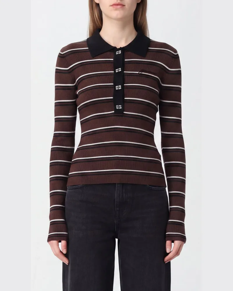 Ganni Gestreiftes Strick-Polo aus reiner Wolle mit langen Ärmeln und Slim Fit Bunt