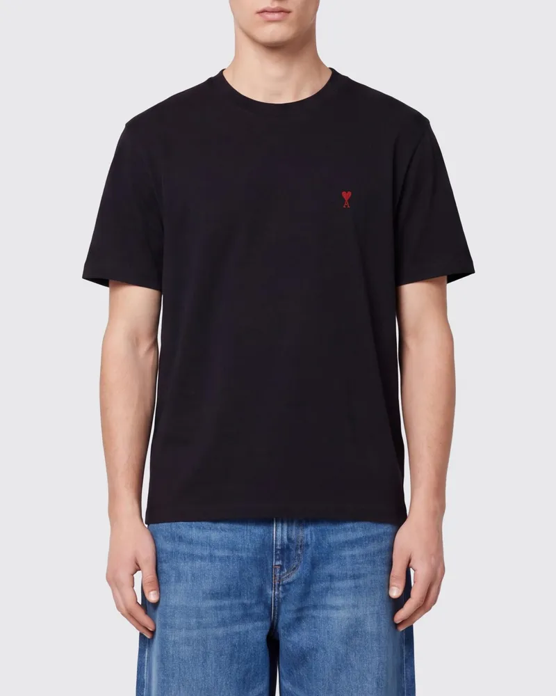 AMI Paris Rundhals-T-Shirt aus Bio-Baumwolle mit Ami de Coeur-Stickerei Schwarz