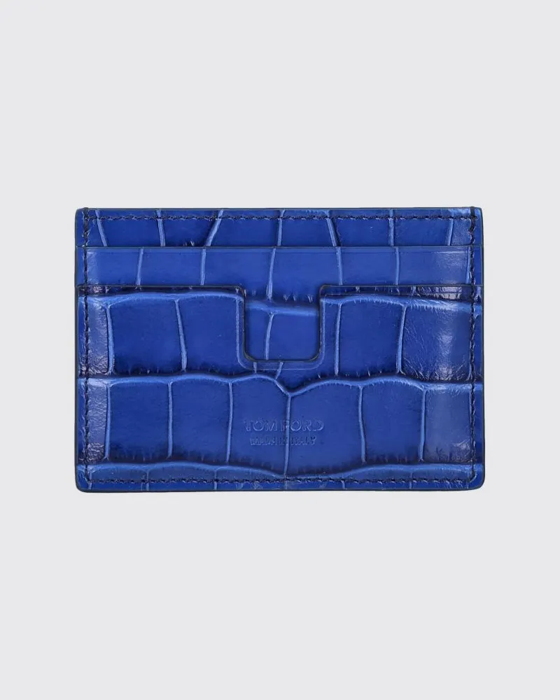Tom Ford Flaches Kartenetui aus Kalbsleder mit Krokodilprägung Blau
