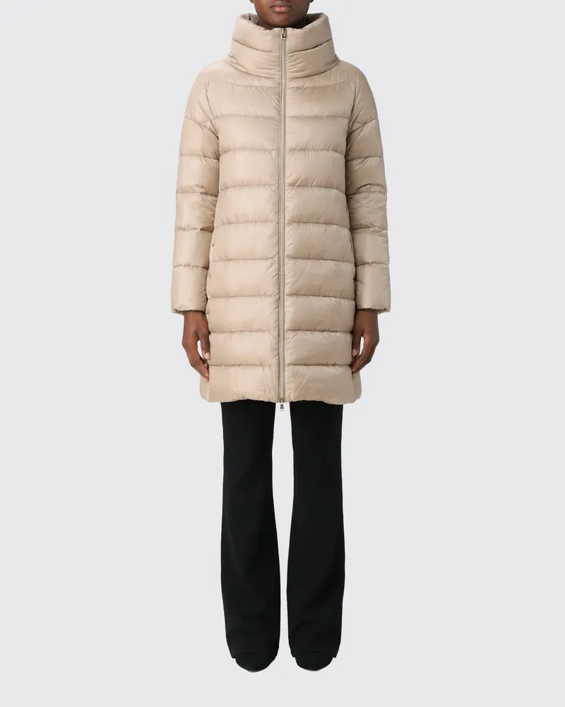 Herno Langer Daunenmantel aus gestepptem Nylon mit Stehkragen und Daunenfüllung Beige
