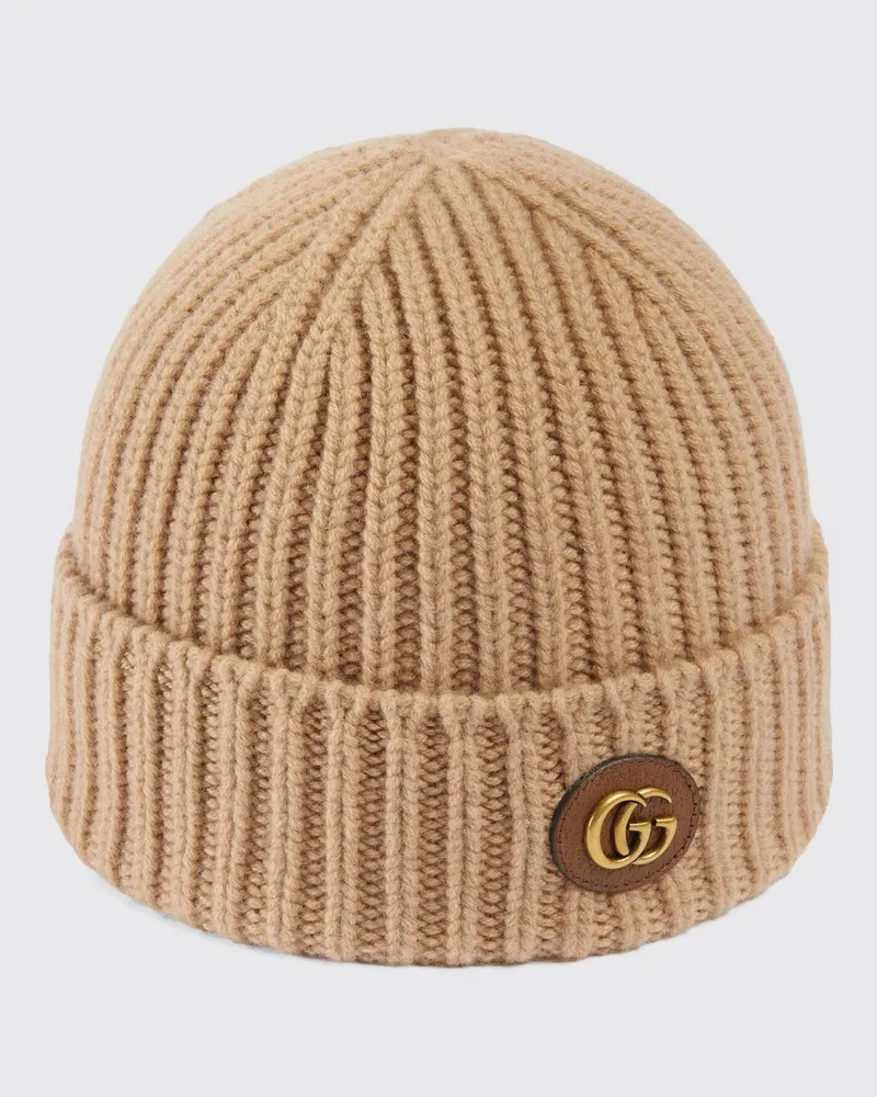 Gucci Beanie aus Woll-Kaschmir-Mischung mit GG-Monogramm und Umschlag Braun
