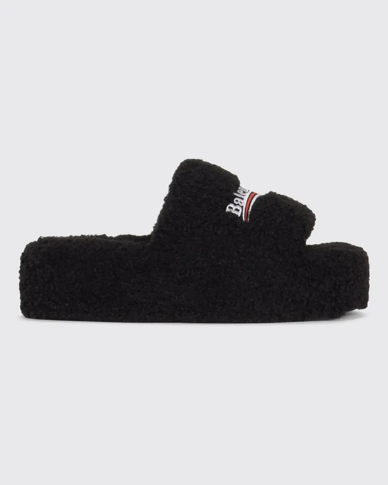 Balenciaga Shearling-Pantoletten mit Keilabsatz von mit gesticktem Logo Schwarz