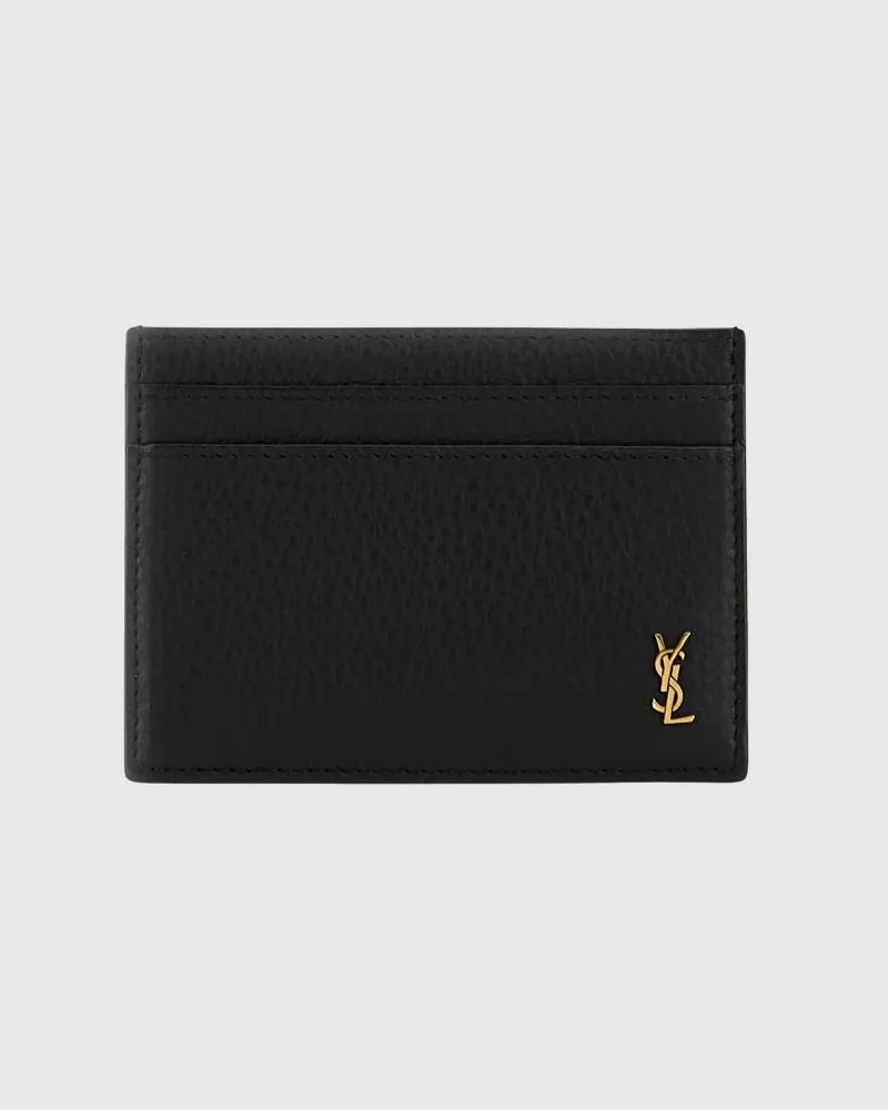 Saint Laurent Flaches Kartenetui Tiny Cassandre aus genarbtem Leder mit YSL-Logo Schwarz