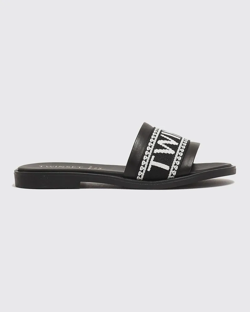 Twin-Set Sandale aus Leder und Jacquard-Canvas Schwarz