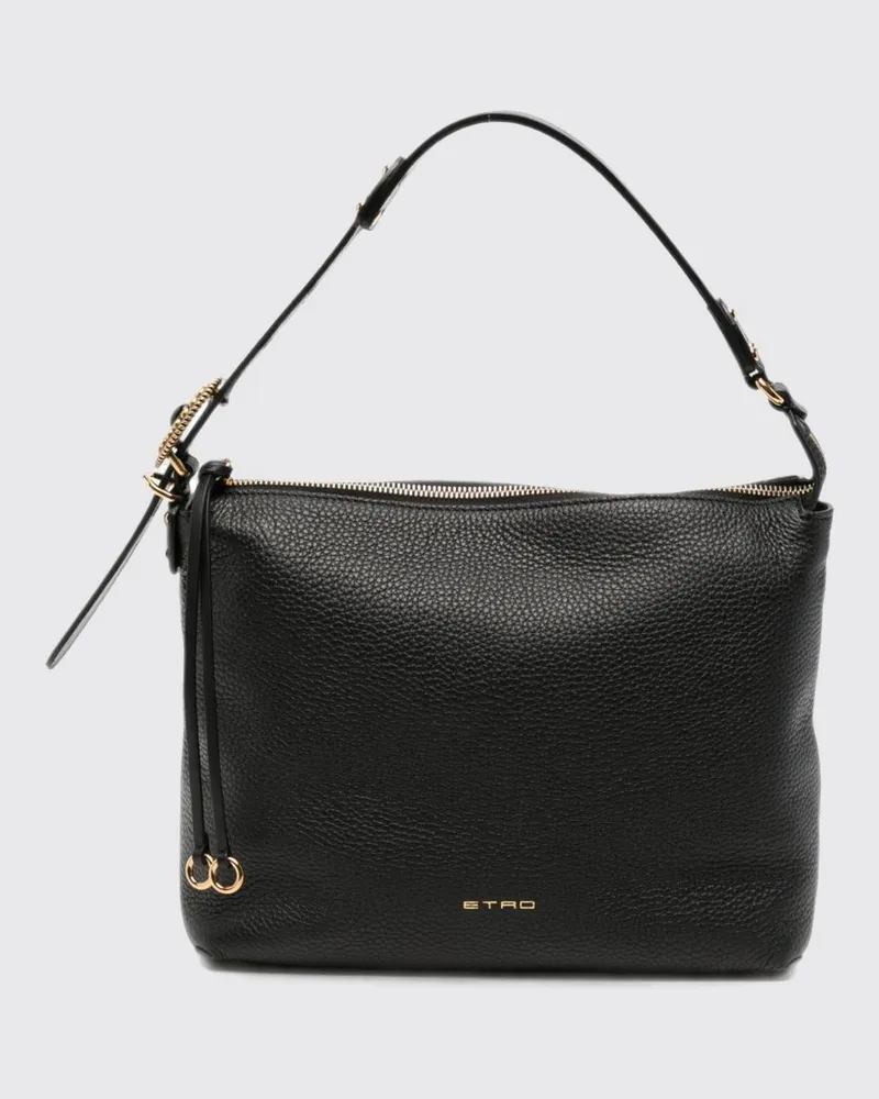 Etro Schultertasche aus genarbtem Leder mit verstellbarem Henkel und Logo-Anhänger Schwarz