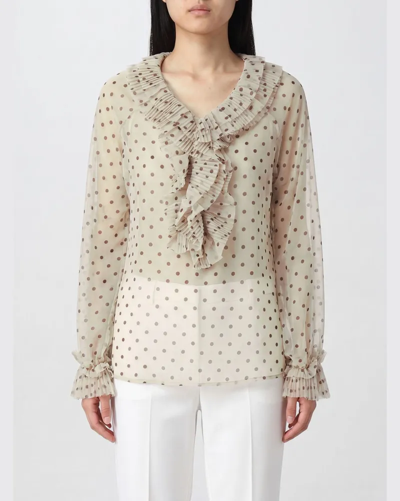 P.A.R.O.S.H. Bluse P.A.R.O H. mit V-Ausschnitt und Rüschen aus besticktem Polka-Dot-Crêpe Beige