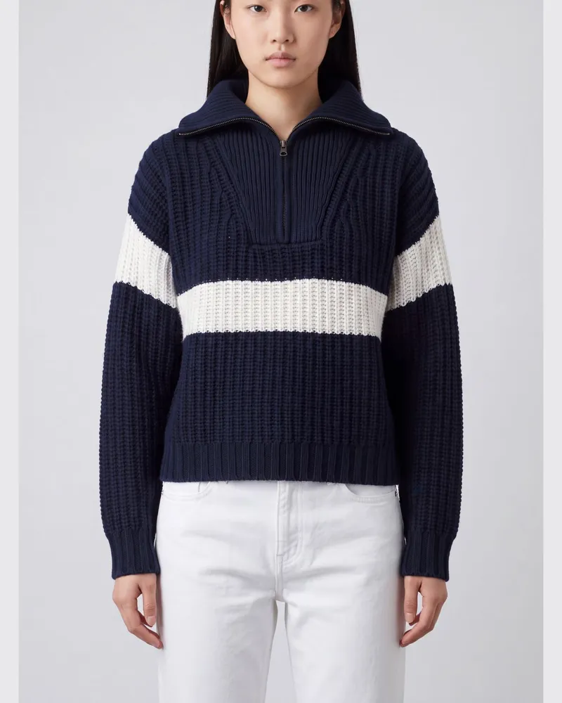 Lisa Yang Zweifarbiger Pullover aus Kaschmir mit Zip-Kragen und abstraktem Muster Blau