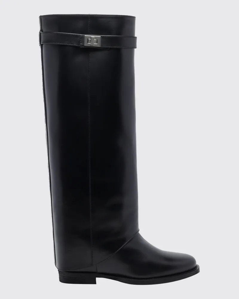 Via Roma 15 Kniehohe Keilstiefel aus Kalbsleder mit Riemendetails Schwarz