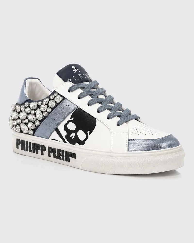 Philipp Plein Low-Top-Sneaker aus Leder mit Skull-Print und Kristallen Blau