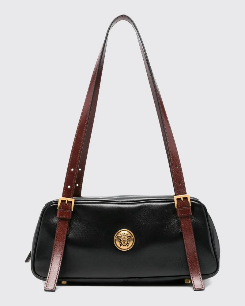 Versace Emblème Schultertasche aus Lammleder mit Medusa-Logo und doppeltem Henkel Schwarz