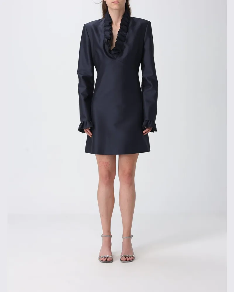 Alberta Ferretti Langärmeliges Satin-Minikleid mit V-Ausschnitt und Rüschenkragen Blau