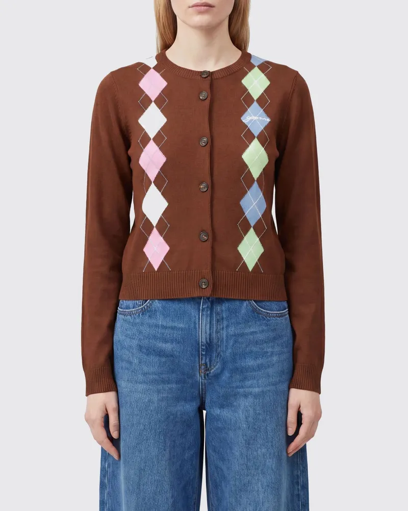 Ganni Slim-Fit-Cardigan aus Baumwolle mit Argyle-Muster Braun