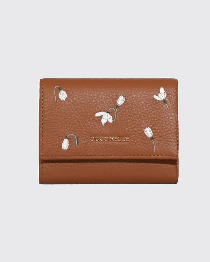 Coccinelle Tri-Fold-Geldbörse aus genarbtem Leder mit Blumenstickerei Burnt