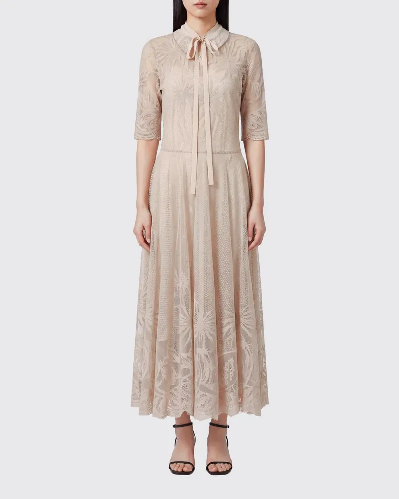 Fabiana Filippi Kurzärmeliges Midi-Hemdblusenkleid aus Spitze mit klassischem Kragen Beige