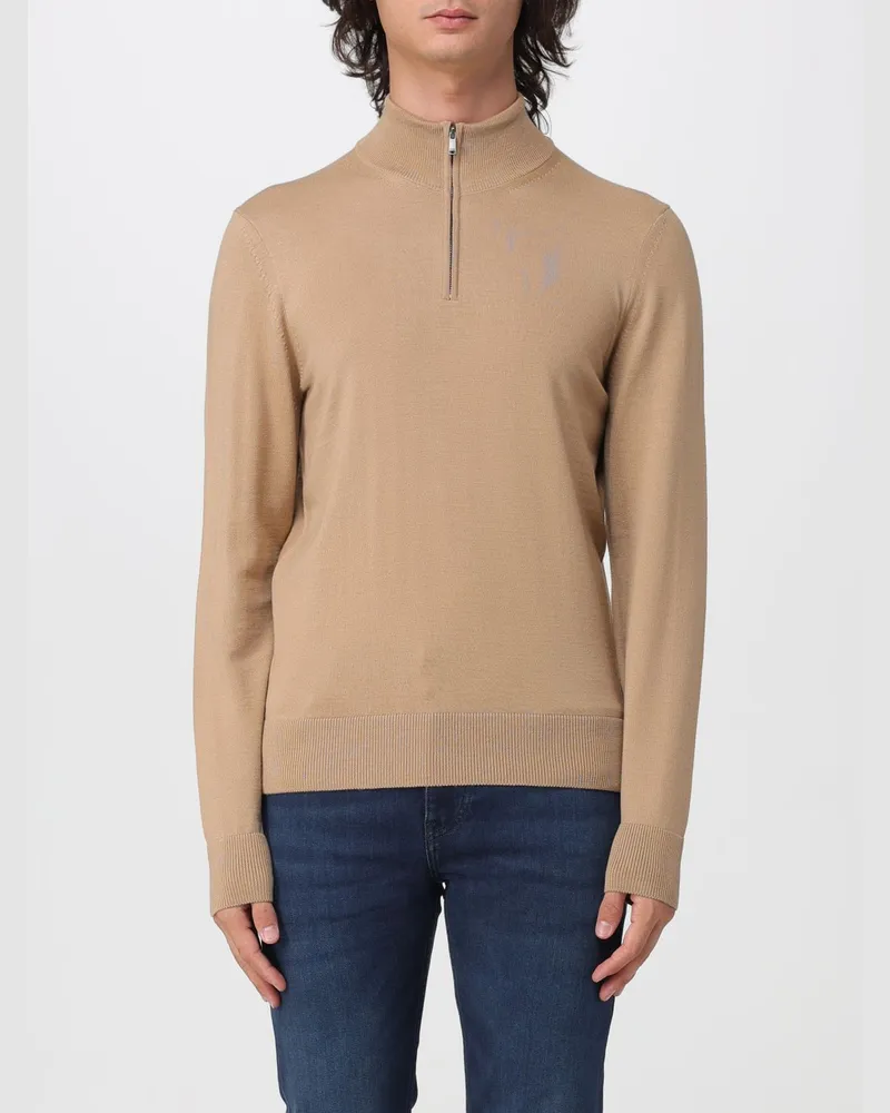 HUGO BOSS Rollkragenpullover aus reiner Wolle mit halbem Reißverschluss und Rippbündchen Beige