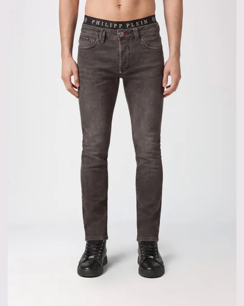Philipp Plein Slim Fit Skinny Jeans aus Baumwolldenim mit Metall-Logo Grau
