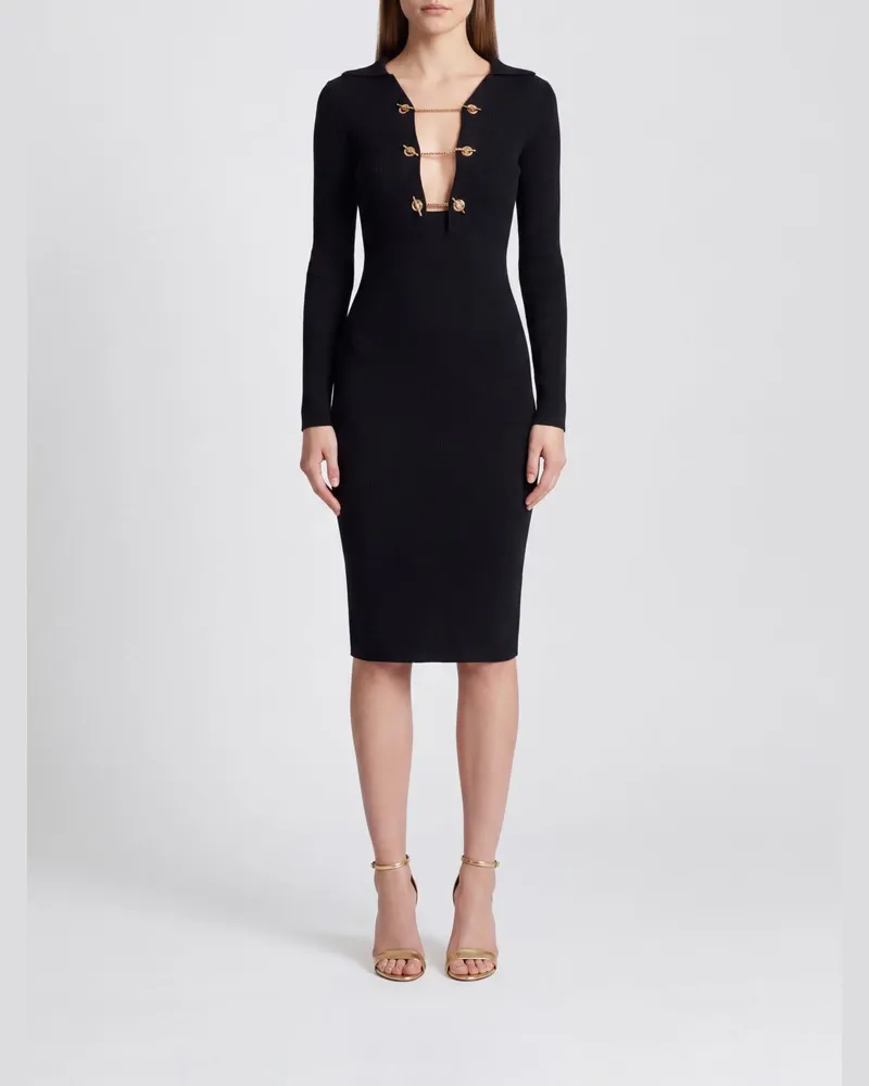 Elisabetta Franchi Slim-Fit-Midikleid aus Jersey-Strick mit V-Ausschnitt Schwarz