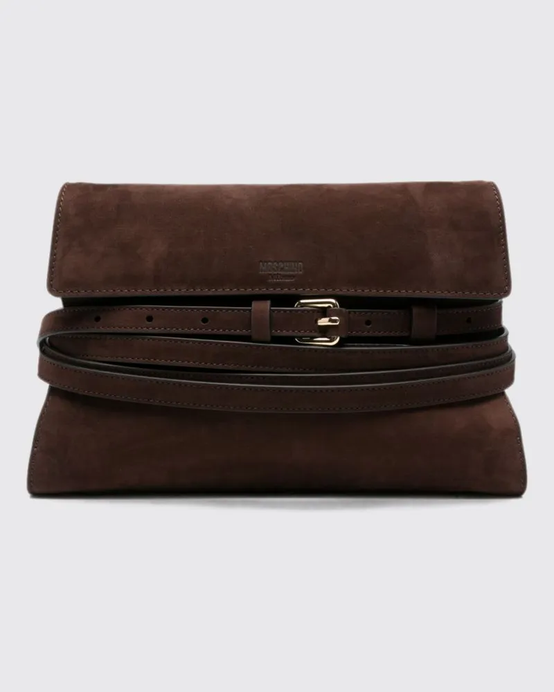 Moschino Clutch aus Veloursleder mit ausgestelltem Design und Schulterriemen Braun