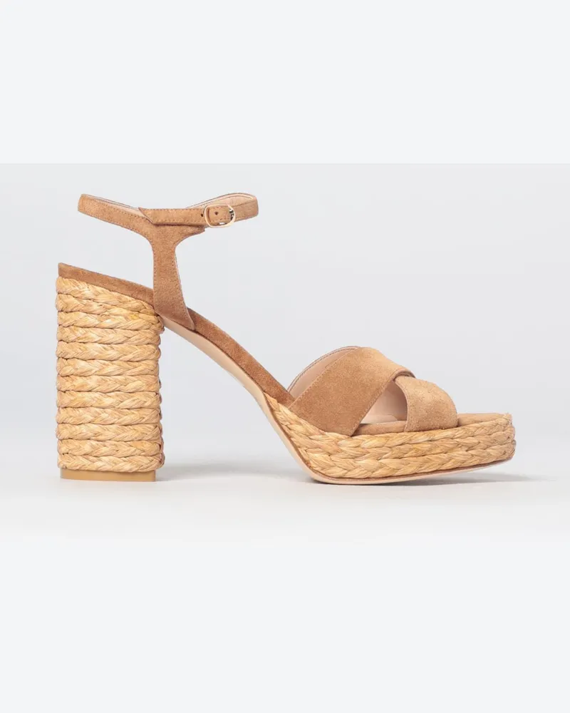 Stuart Weitzman Dayna Plateau-Sandalen aus Veloursleder mit hohem Blockabsatz Tabak
