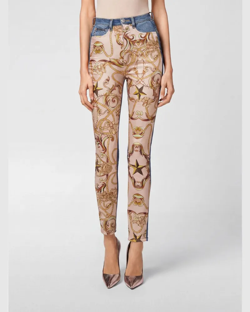 Philipp Plein High-Waist Cropped Skinny-Jeans aus Denim mit Barock-Print Blau