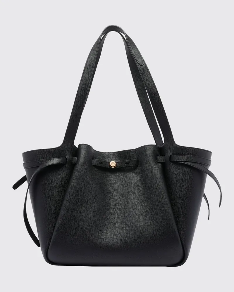 Tory Burch Romy Schultertasche aus genarbtem Leder mit ausgestellter Form Schwarz