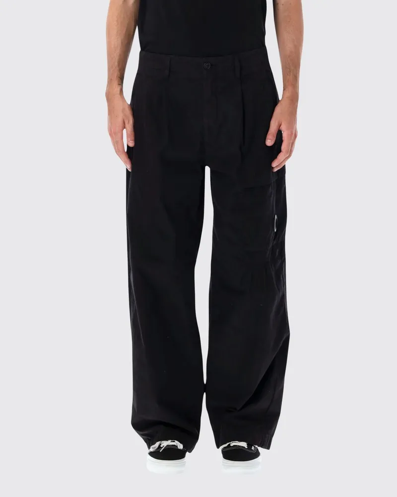 C.P. Company Wide-Leg Cargohose mit Bundfalten aus schwarzer Baumwolle Schwarz