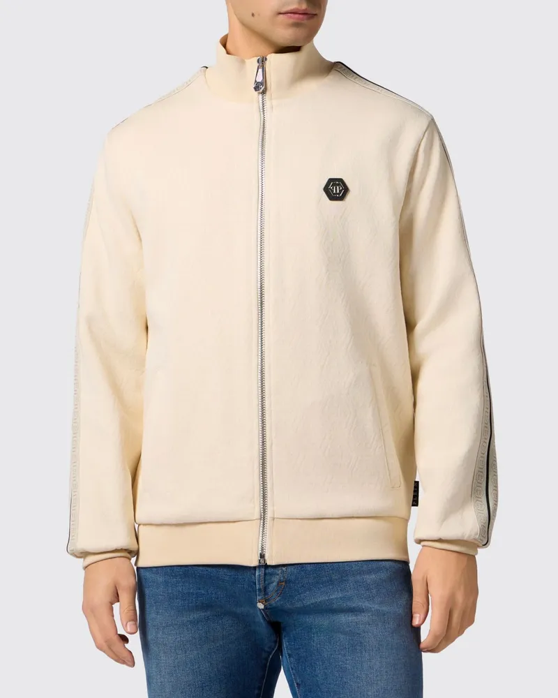 Philipp Plein Kapuzenpullover mit Reißverschluss und Logo aus Baumwollmischung Beige