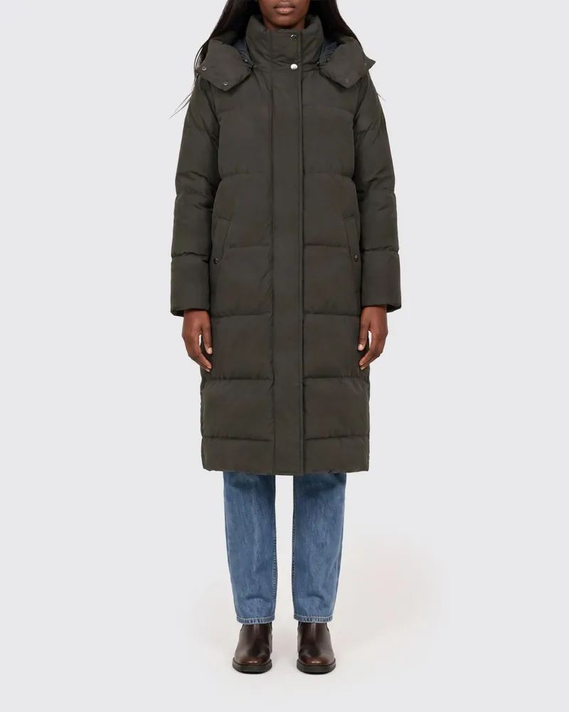Woolrich Lange gesteppte Nylon-Daunenjacke mit abnehmbarer Kapuze Grün