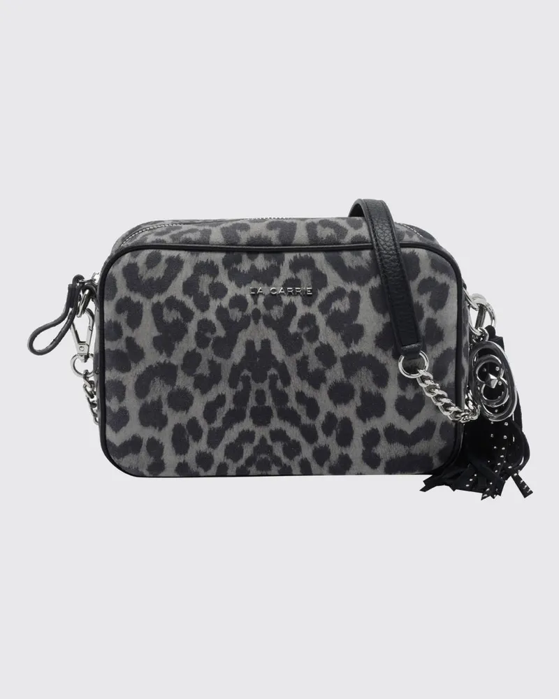 LA CARRIE Mini-Kameratasche aus Veloursleder mit Animal-Print und Charms Grau