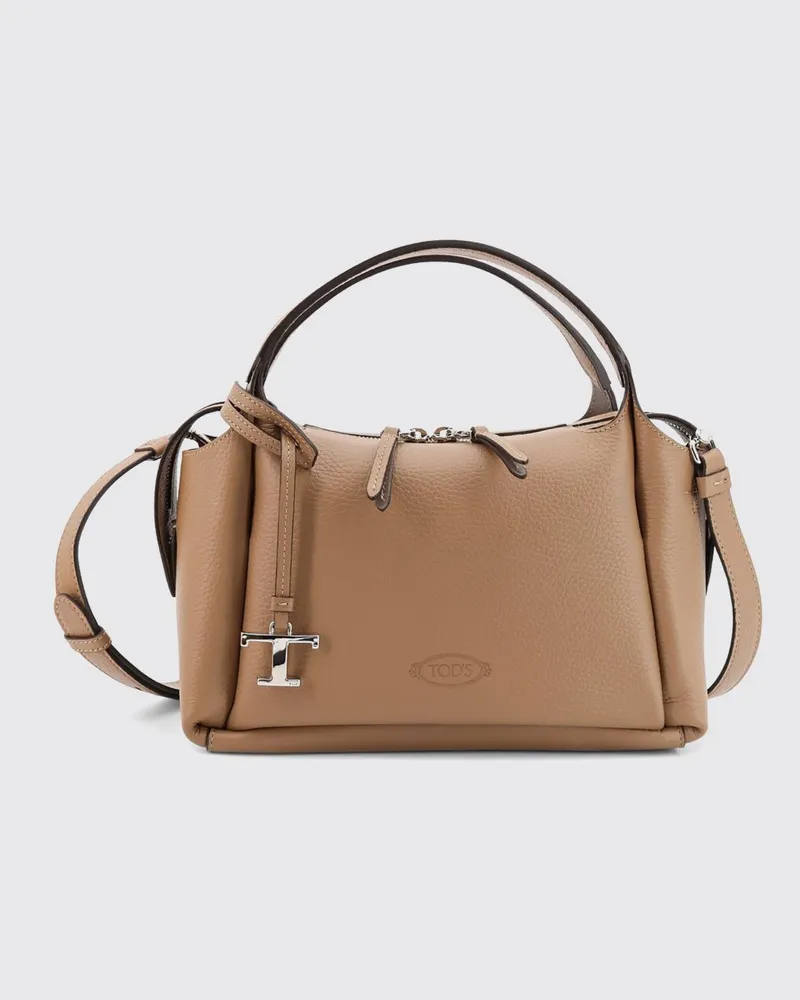 TOD'S Handtasche aus genarbtem Leder mit Schulterriemen und Logo-Anhänger Braun