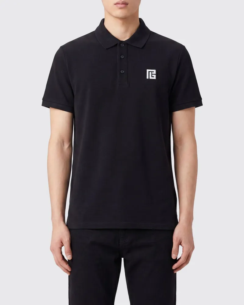 Balmain Slim-Fit Kurzarm-Polo-Shirt aus Baumwolle mit Kontrast-Logo Schwarz