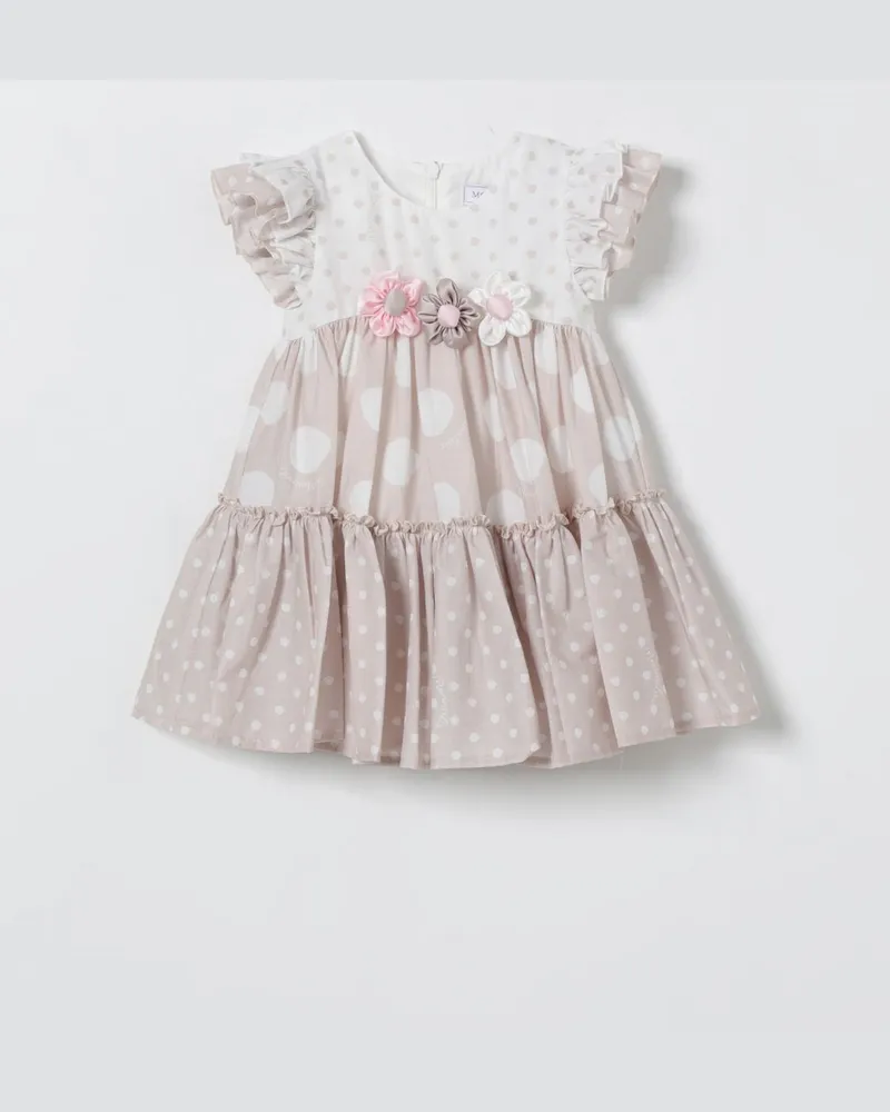 Monnalisa Gepunktetes Baumwollkleid mit aufgesetzten Blumen Beige