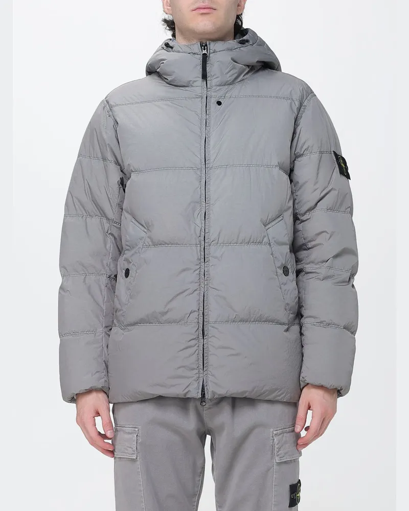 Stone Island wasserdichte Nylon-Daunenjacke mit Kapuze und Compass-Logo Grau