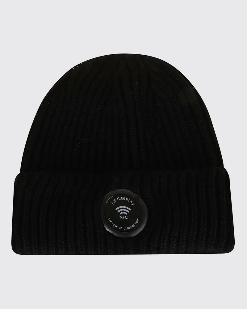 C.P. Company Gerippte Woll-Beanie mit Umschlag Schwarz