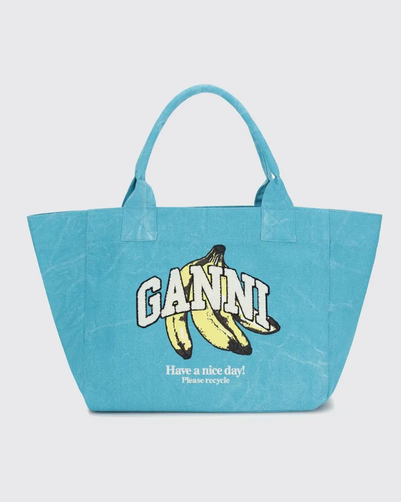 Ganni XXL Tote-Tasche aus recycelter Baumwolle mit Fruchtdruck Blau