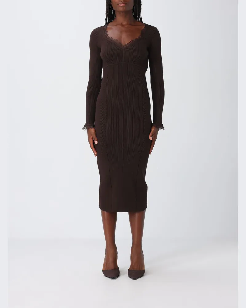 Twin-Set Midi-Rippstrickkleid mit V-Ausschnitt und Spitzeneinsätzen Braun