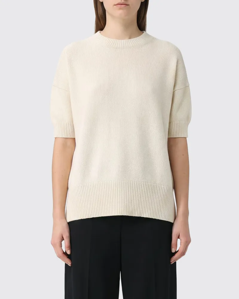 Jil Sander Kurzarmpullover aus reinem Kaschmir mit überschnittenen Schultern und Rundhalsausschnitt Ivory