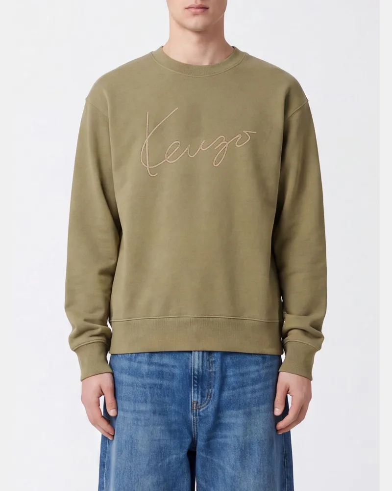 Kenzo Baumwoll-Sweatshirt mit Rundhalsausschnitt, Kontrastlogo und überschnittenen Schultern Kaki
