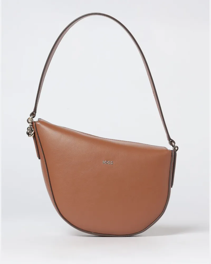 HUGO BOSS Hobo-Tasche aus glattem Rindsleder mit Klappverschluss und Metalllogo Braun