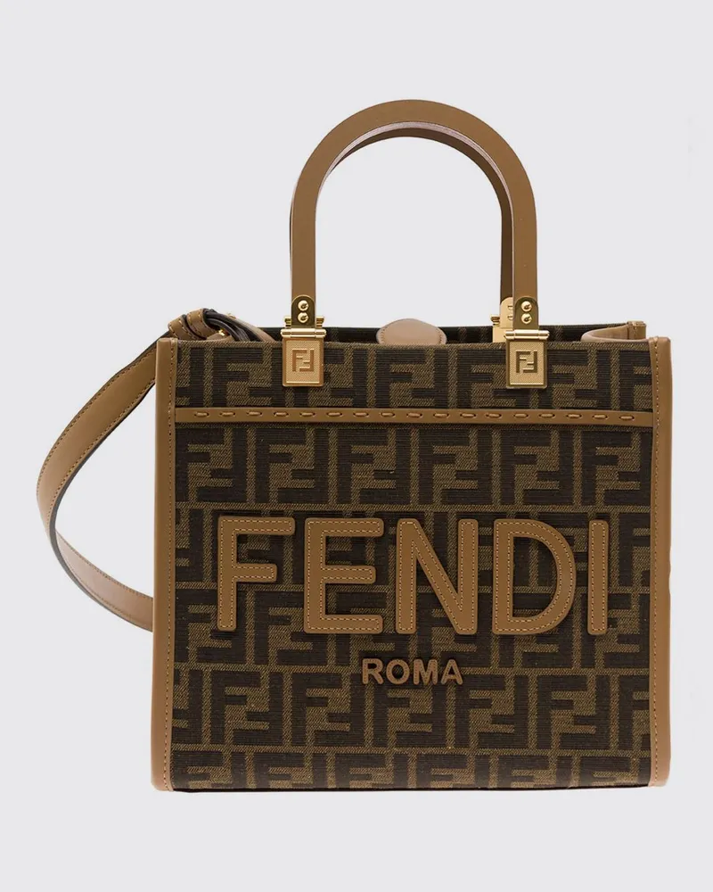 Fendi Kleine Sunshine Shopper-Tasche aus Stoff mit FF-Monogramm Braun