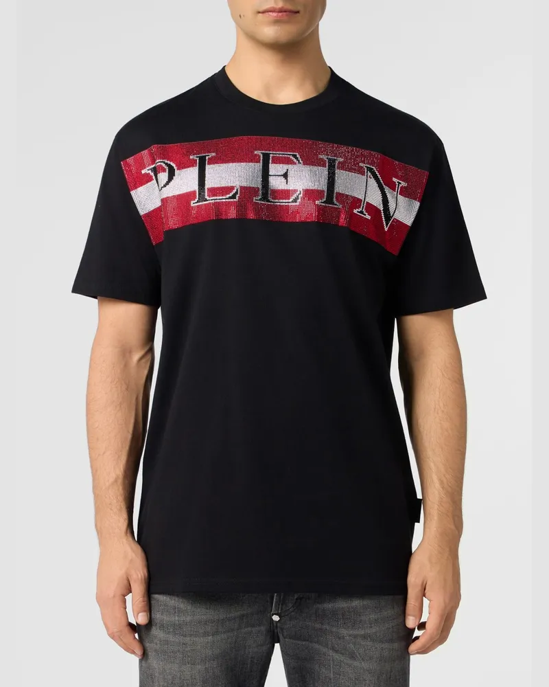 Philipp Plein Baumwoll-T-Shirt mit strassverziertem, gesticktem Logo-Schriftzug Schwarz