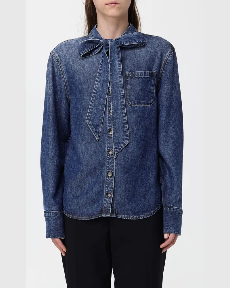 Self-Portrait Denim-Bluse mit Schluppenkragen und aufgesetzten Taschen Blau