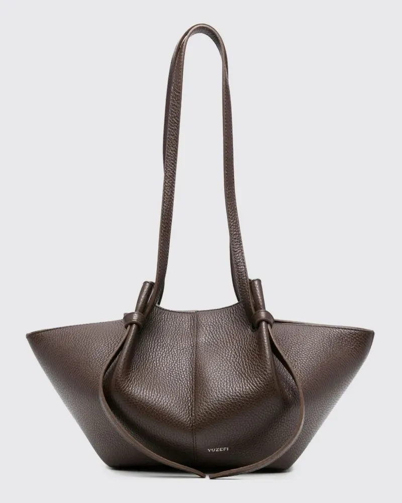 YUZEFI Mittelgroße Mochi Schultertasche aus genarbtem Leder mit doppeltem Henkel Braun